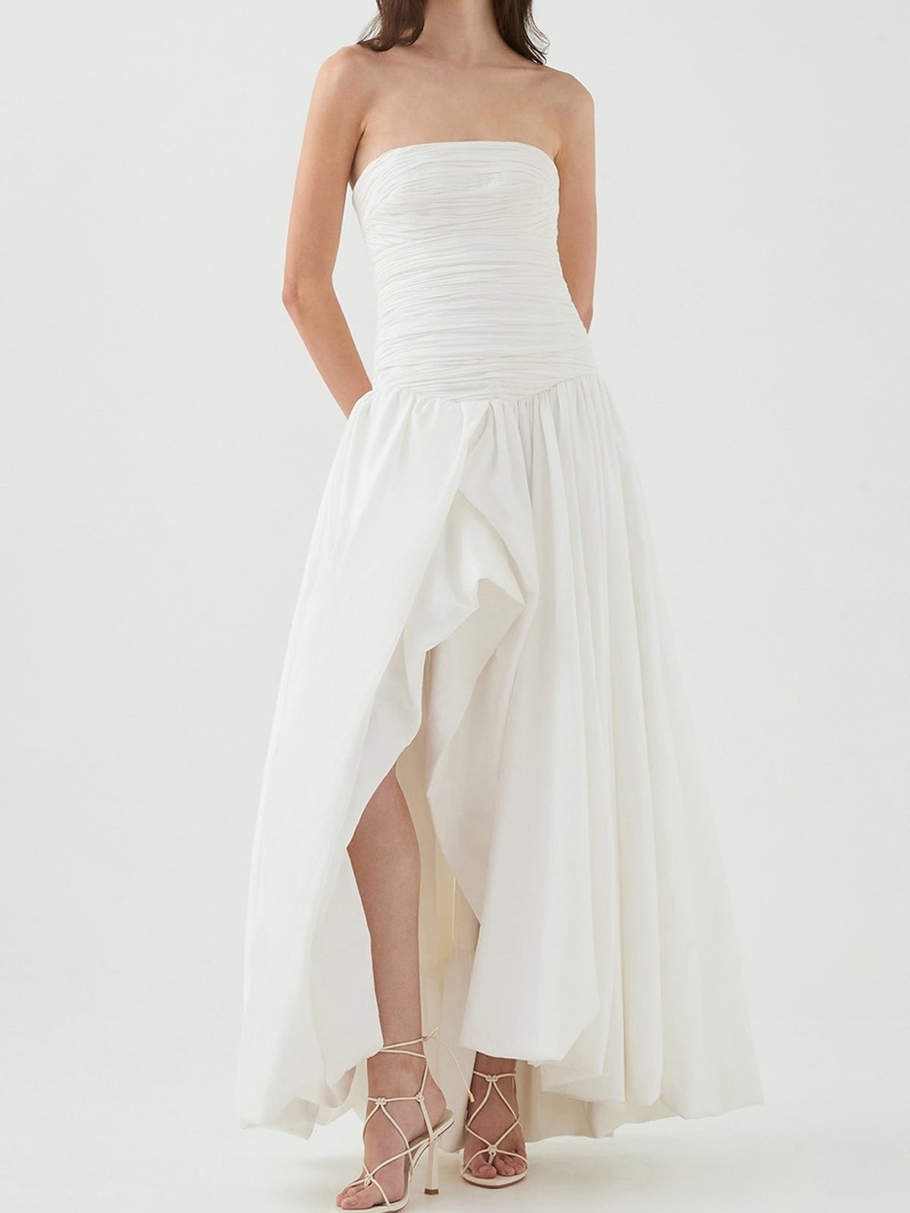 NWT | AJE Violette Bubble Hem Strapless White Ruched Bodice High-Low Maxi Dress